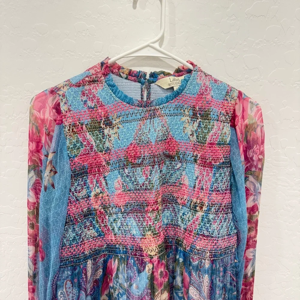Ritu Kumar Tunic Blouse Womens Small Smocked Floral Paisley Spring Summer Boho - Picture 2 of 9